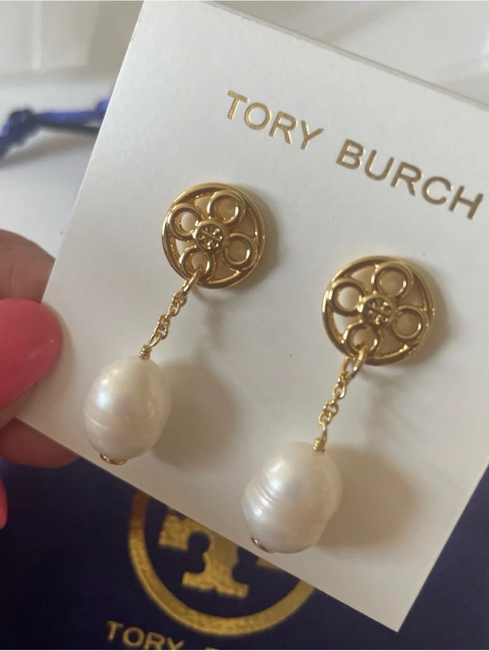 Tory Burch Gold Logo Drop Earrings with Cream Pearl